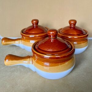 🧅 French Onion Soup Crock Stoneware Bowls, Handles lids Set of 3 vintage style